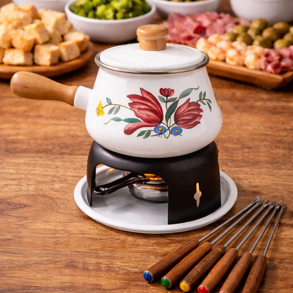 Vintage 1970s CHEF MATES Floral Enamelware Fondue Set | Original Box | Taiwan